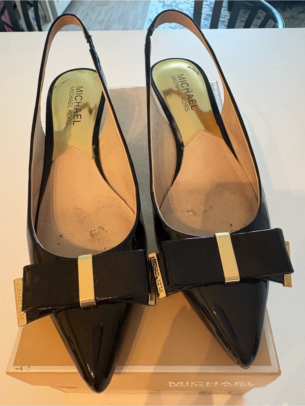 Michael Kors Black Patent Pointed Kitten Heels w/ Gold Bow Accent